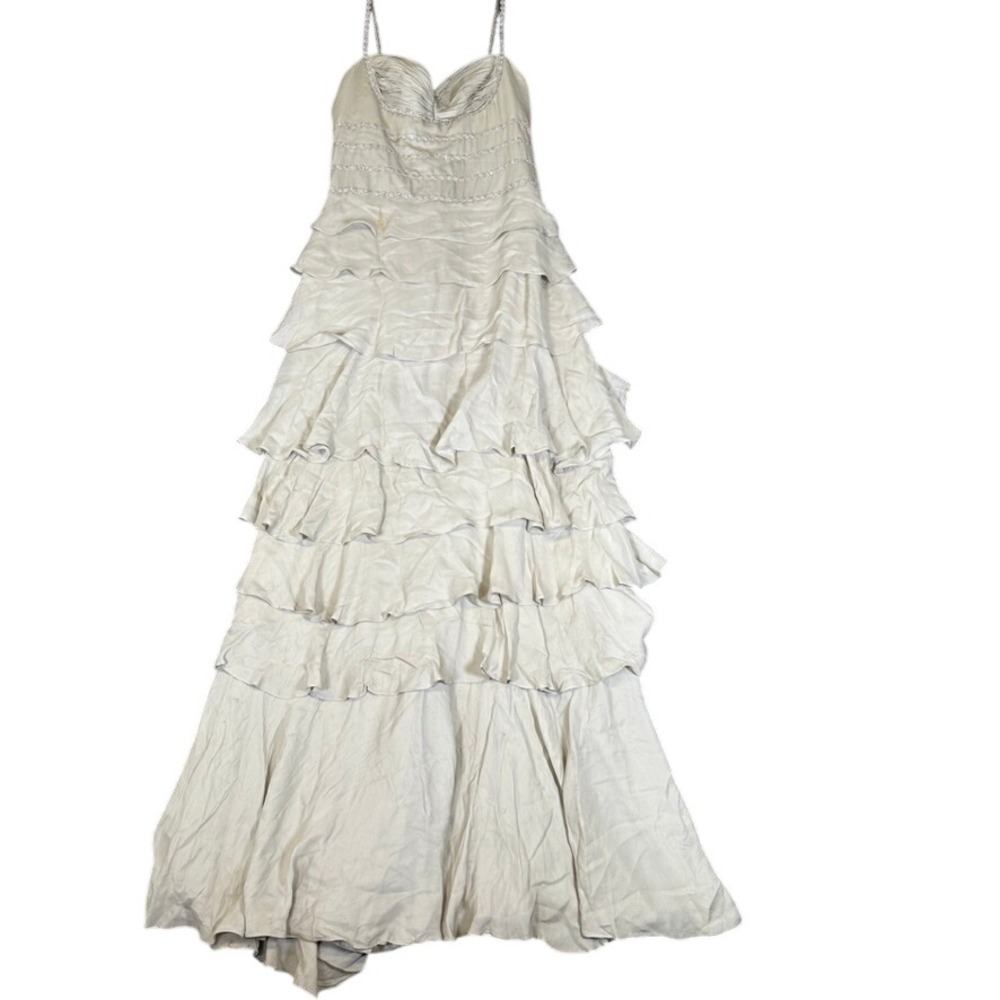 Badgley Mischka Tiered Ruffle Gown Champagne Gold Beaded Straps Size 6
